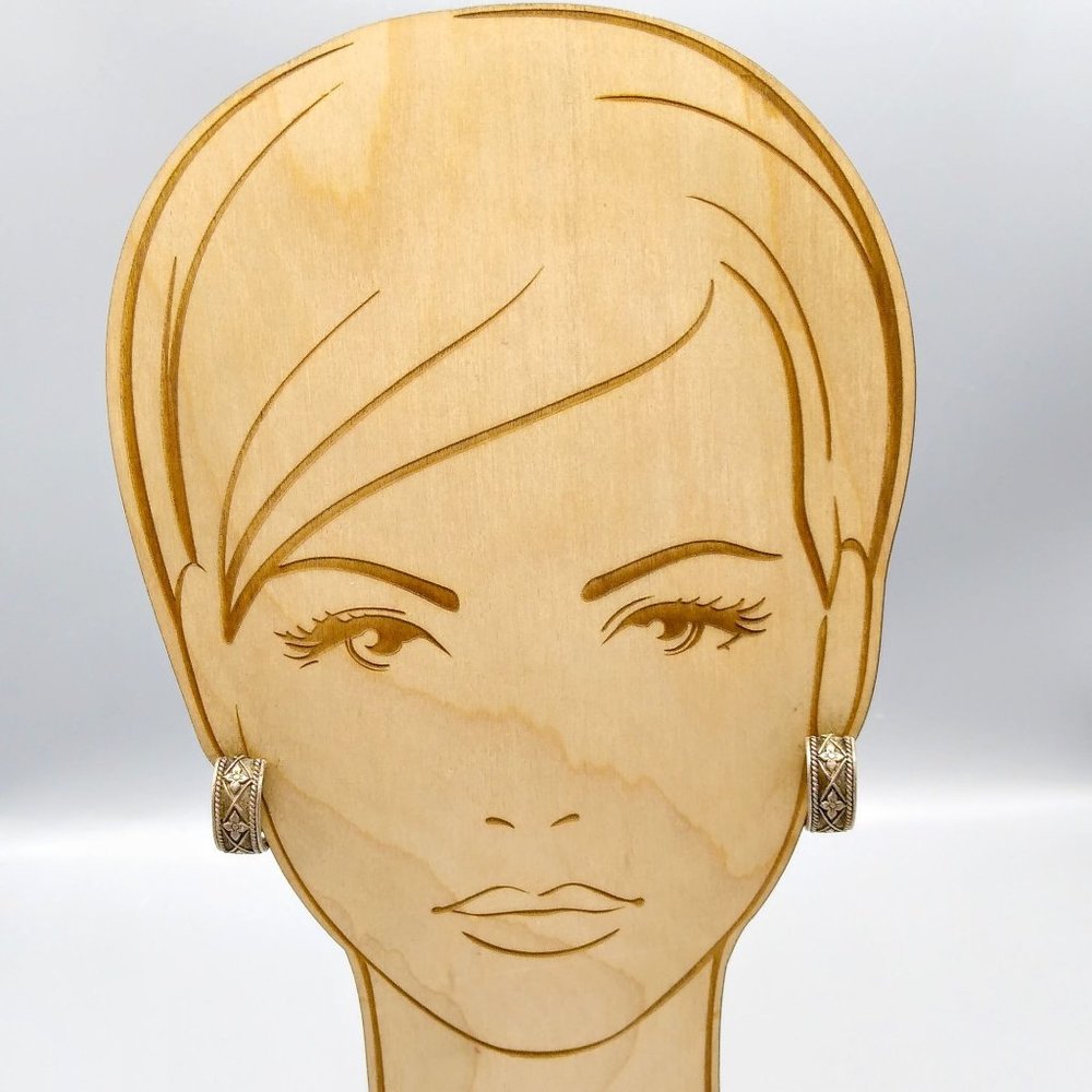 Chic Vintage Half Hoop Earrings, Silver Tone Harlequin Clip Ons with Floral